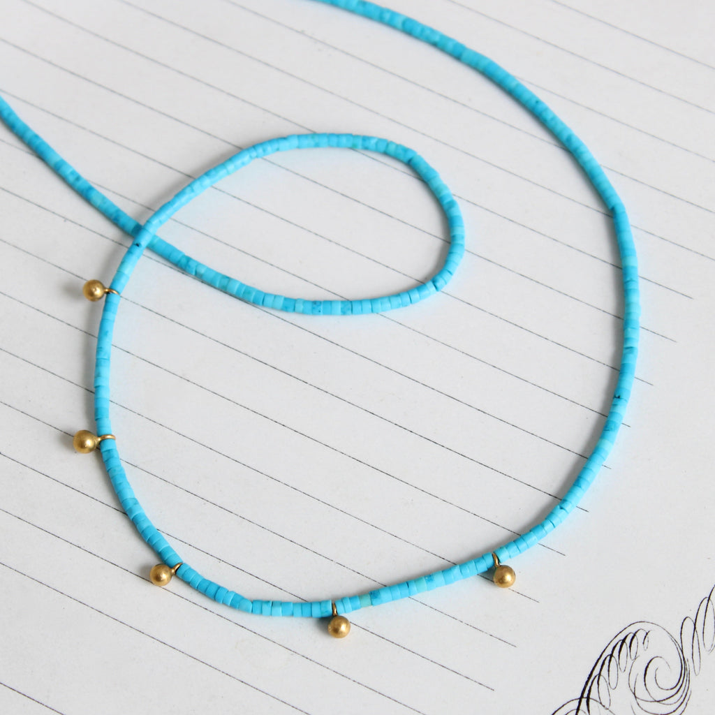 bright blue turquoise mini tube beads with high karat mini ball drops