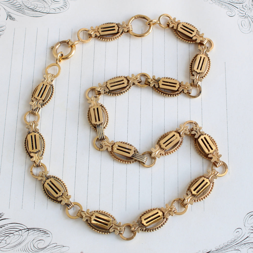gold filled antique chain necklace with fancy oval links alternating with round links