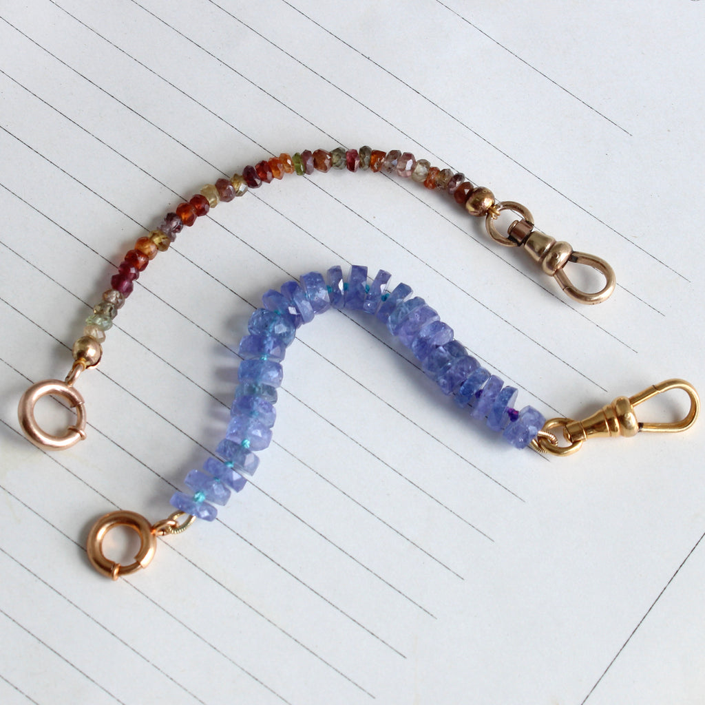 necklace extenders made from tanzanite and multi-color sapphire beads