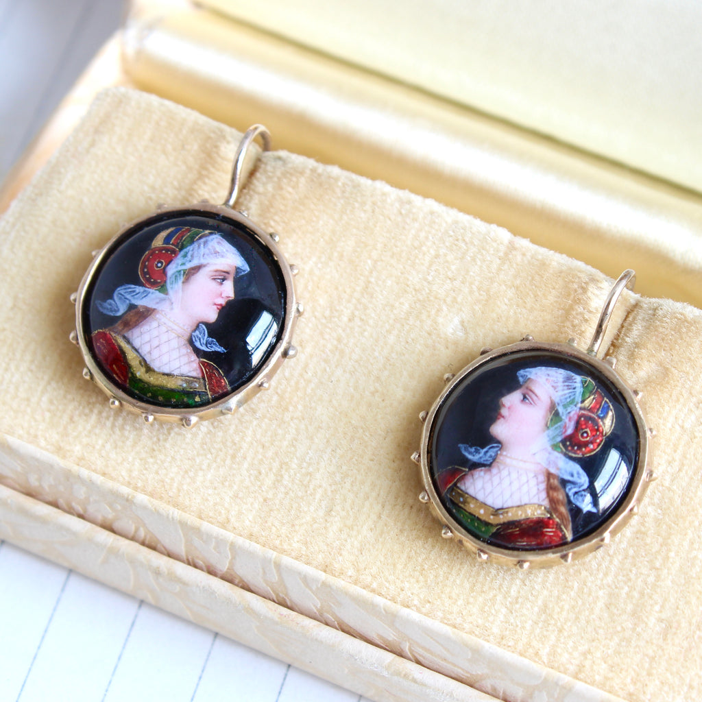 round enamel portraits of renaissance court ladies set as earrings