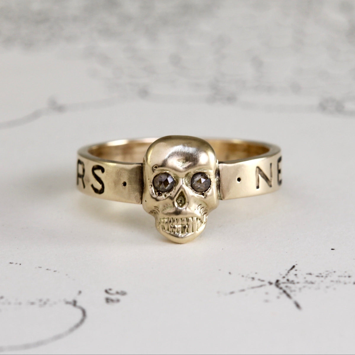 Handmade 14k & Diamond 'Nemo Nisi Mors' Memento Mori Skull Ring
