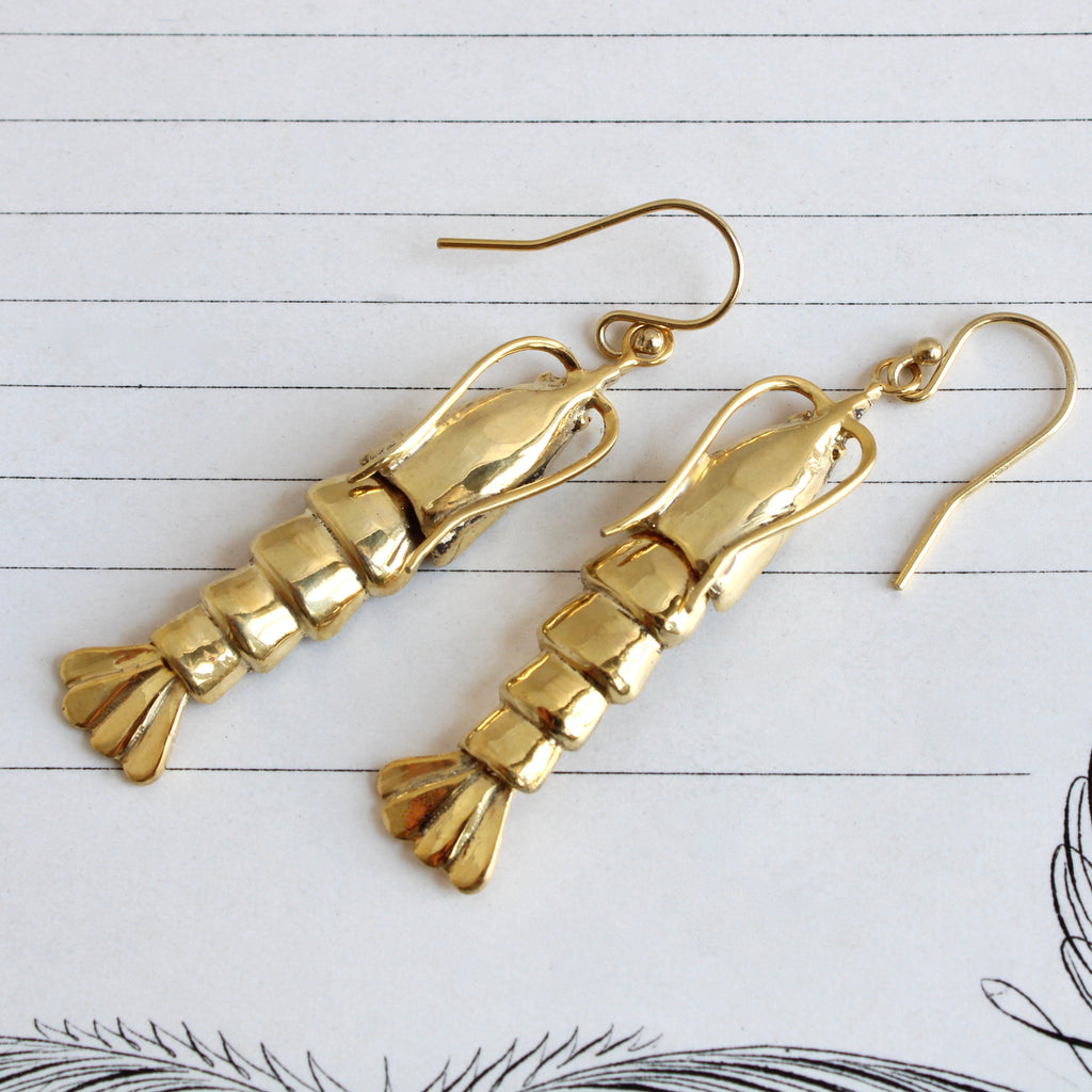 Handmade gold articulated crawfish crayfish dangle earrings. 