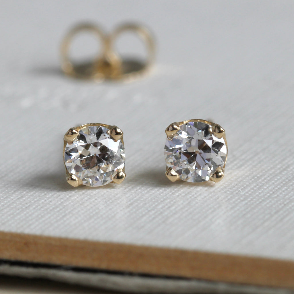 old cut diamonds in yellow gold 4 prong stud mountings