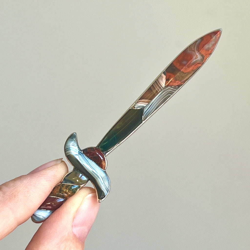 antique silver sword brooch inlaid with a variety of agate and jasper specimens