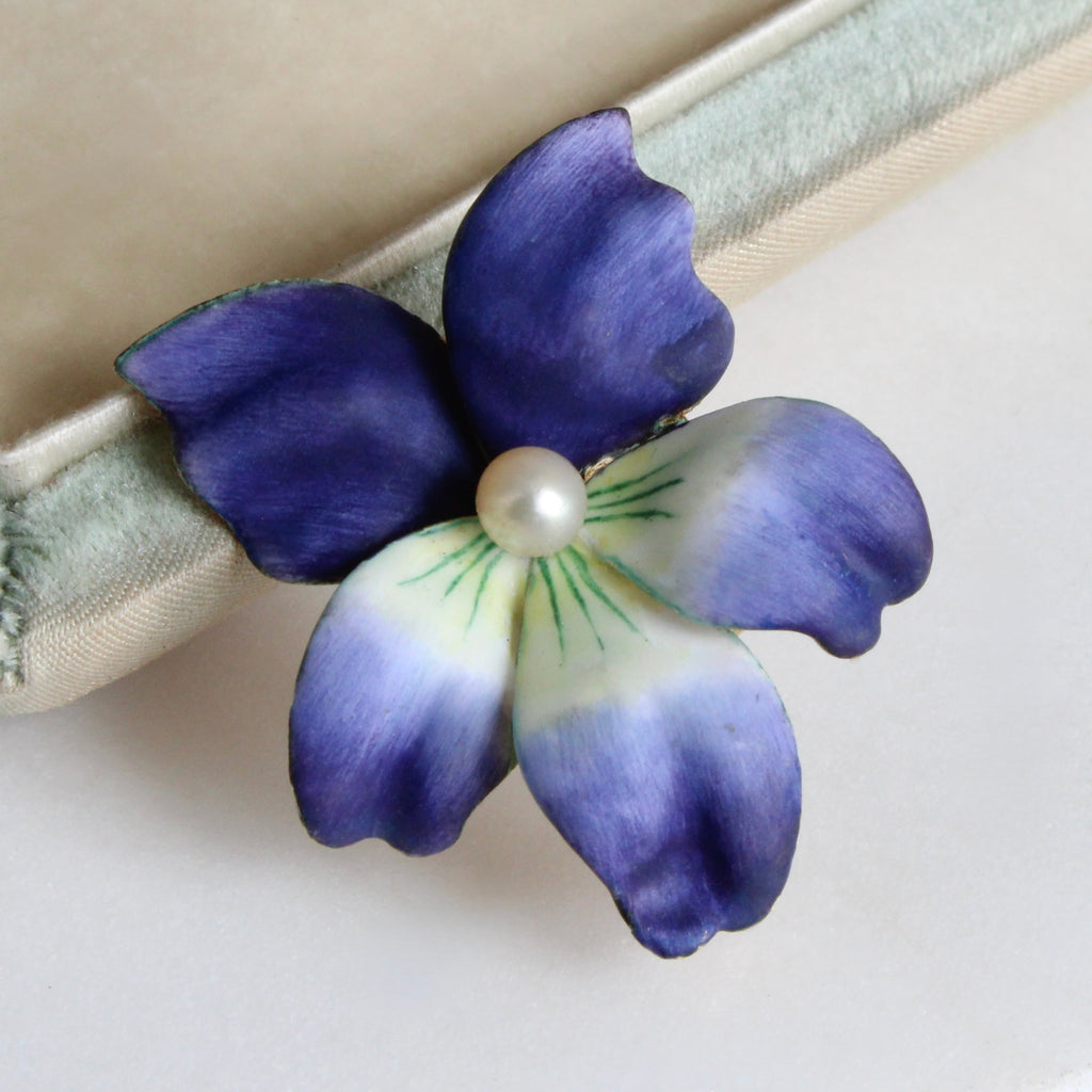 blue flower pin with enamel and pearl center