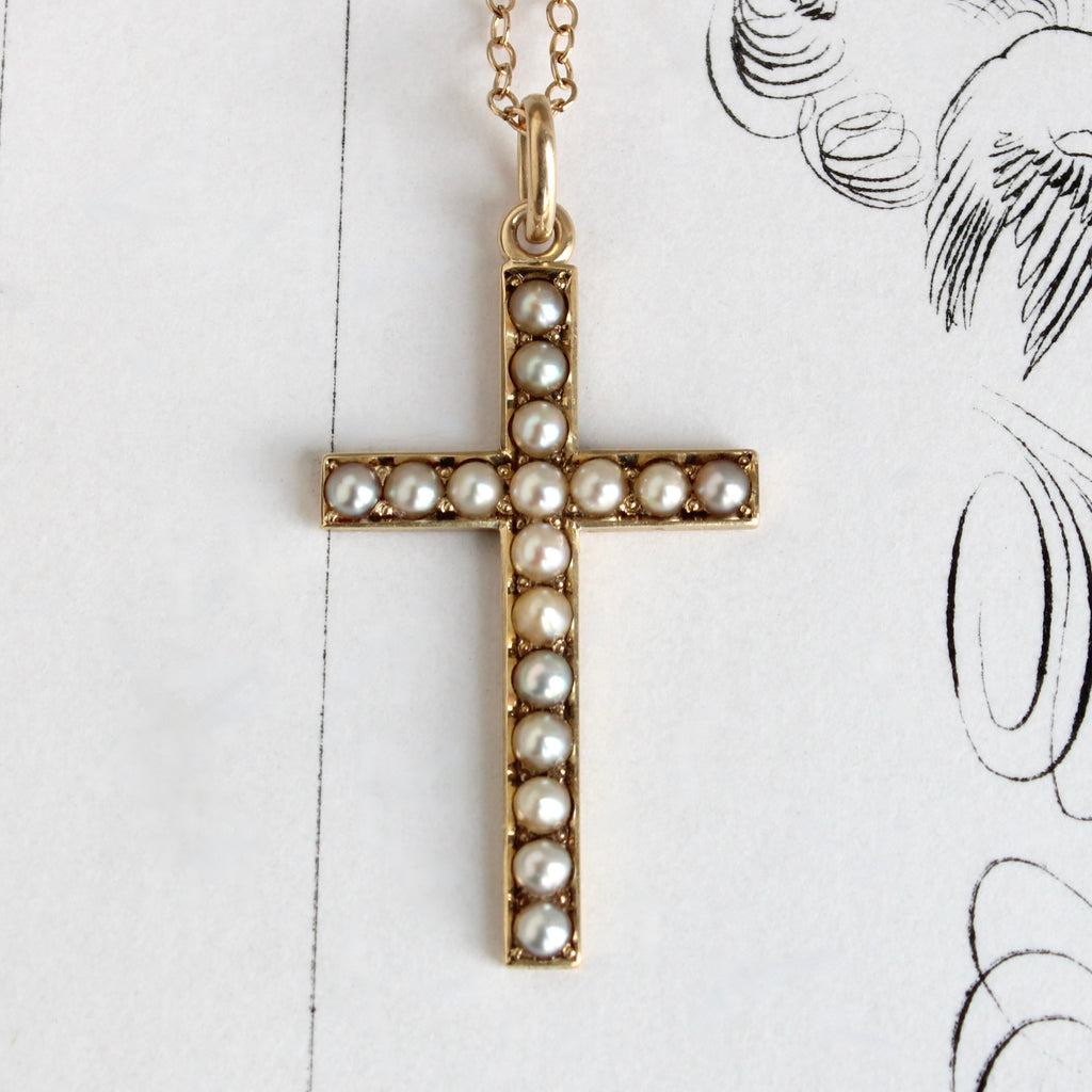 anique yellow gold cross set with pearls engraved on the back amy from armitage 1905