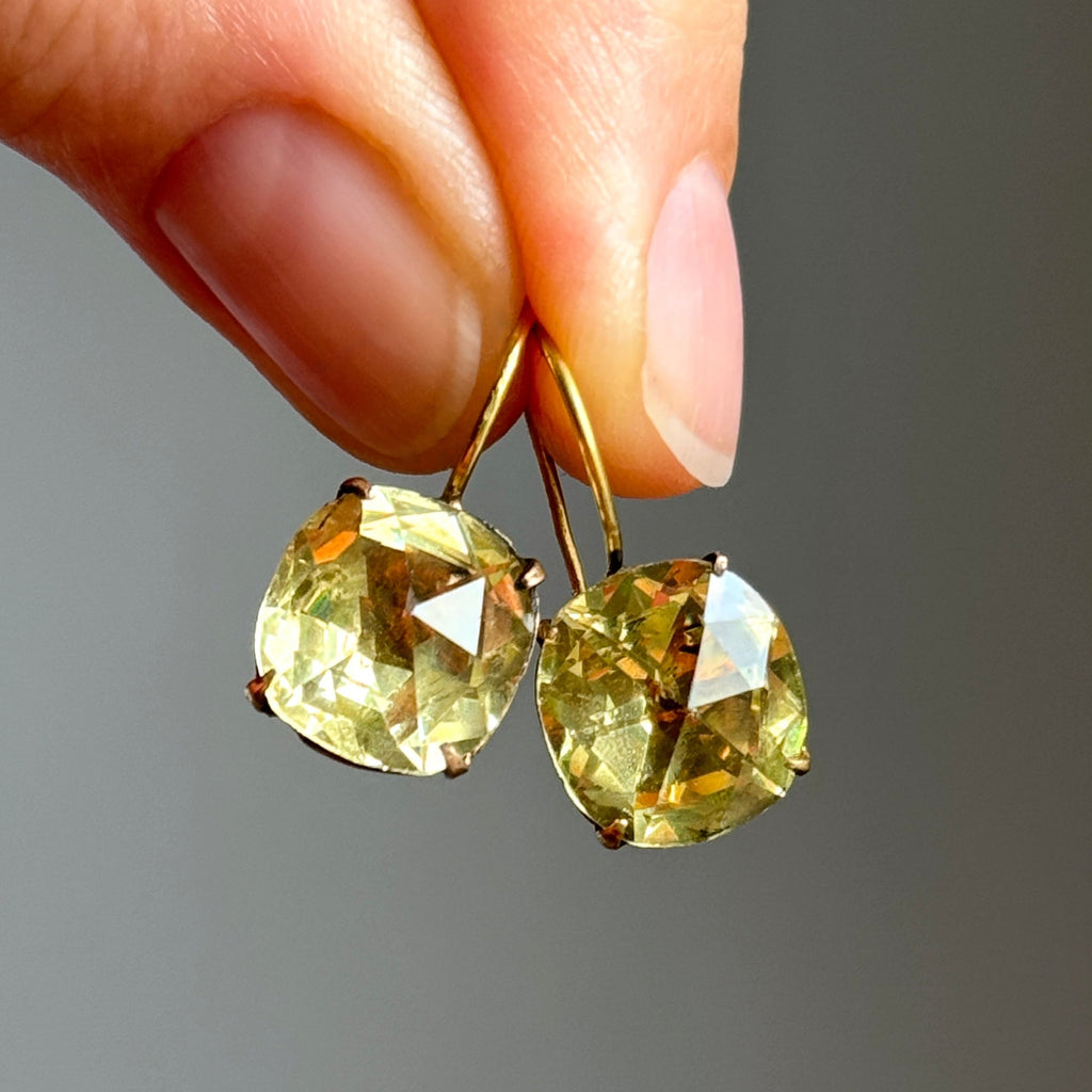 bright sparkling yellow faceted antique rhinestones in cup settings as drop earrings