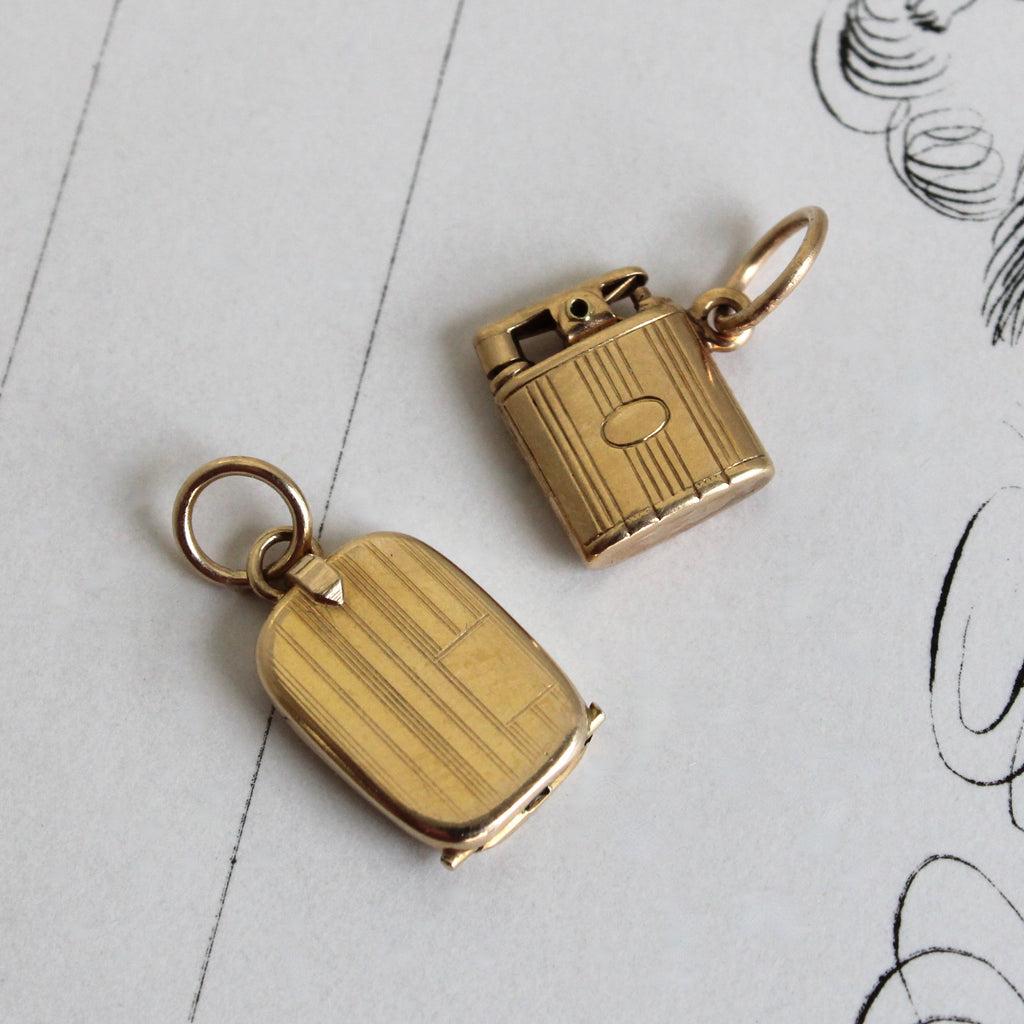 miniature vintage style yellow gold lighter charm and cigarette case charm