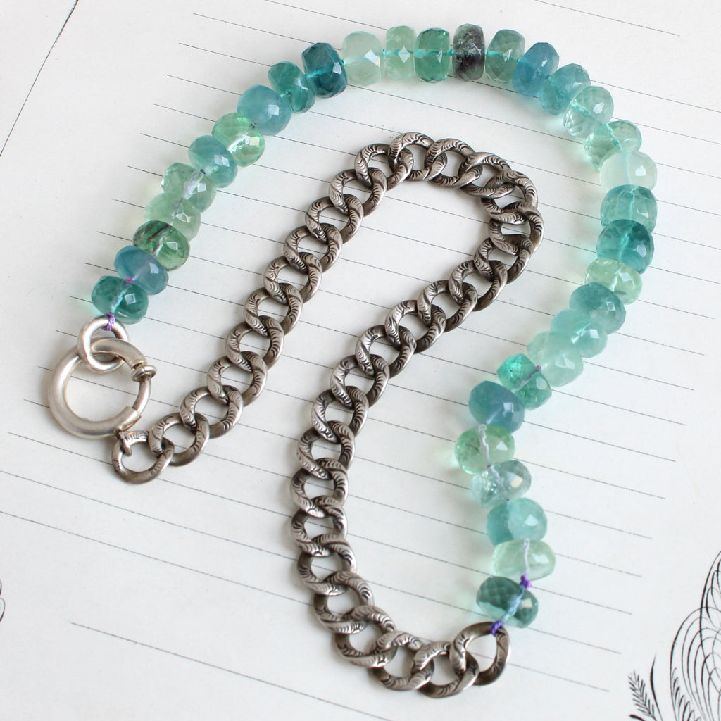large fluorite rondelle beads in a range of sea-blues and greens, mixed with an embossed sterling curb chain