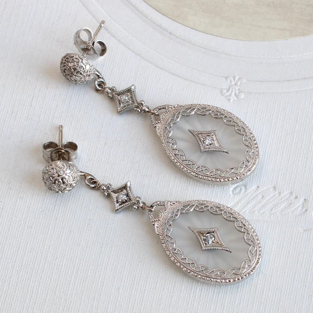 white gold filigree pierced earrings with frosted glass and diamond accents
