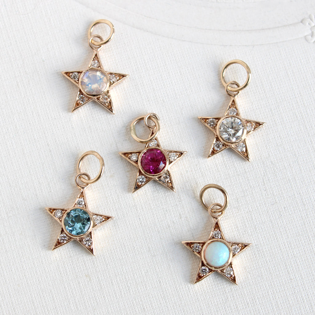 gold star charm set with diamonds and genuine gemstones 