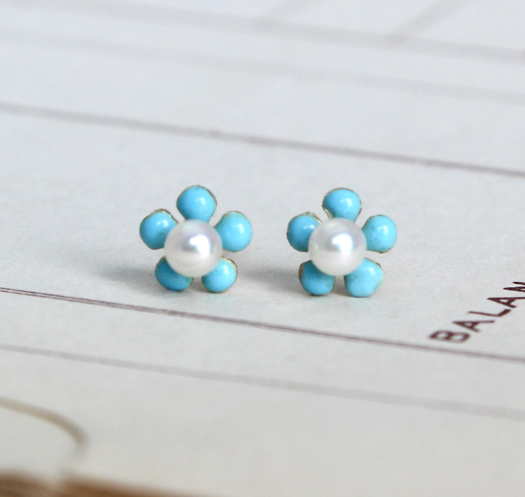 small 14k blue enamel flower studs with pearl centers