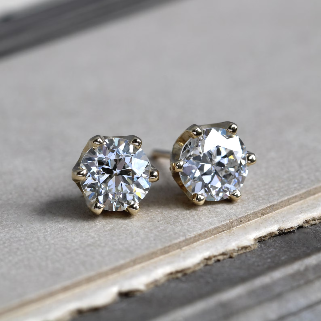 Yellow gold stud earrings with sparkling old European cut round diamonds in a six prong setting.