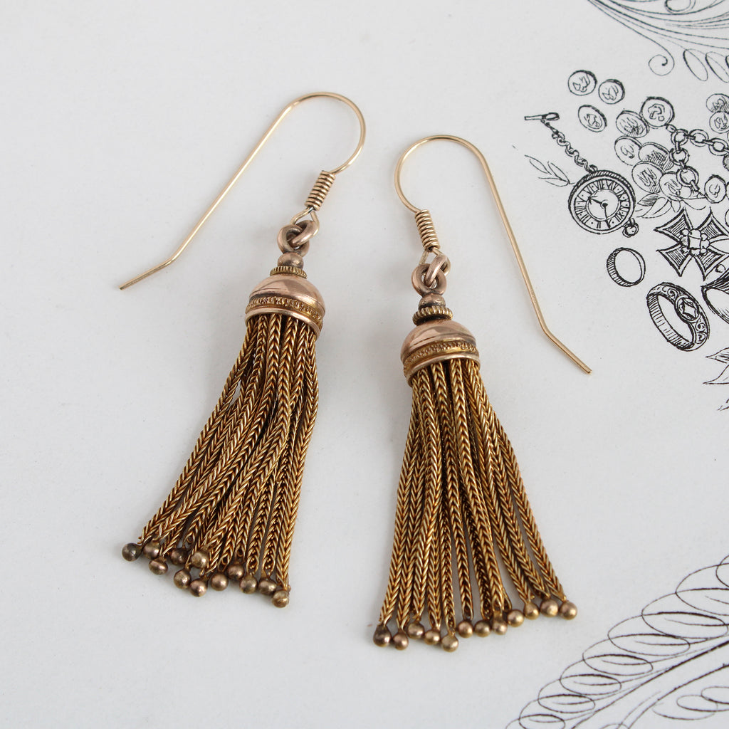14k yellow gold tassel earrings with hook ear-wires and antique patina